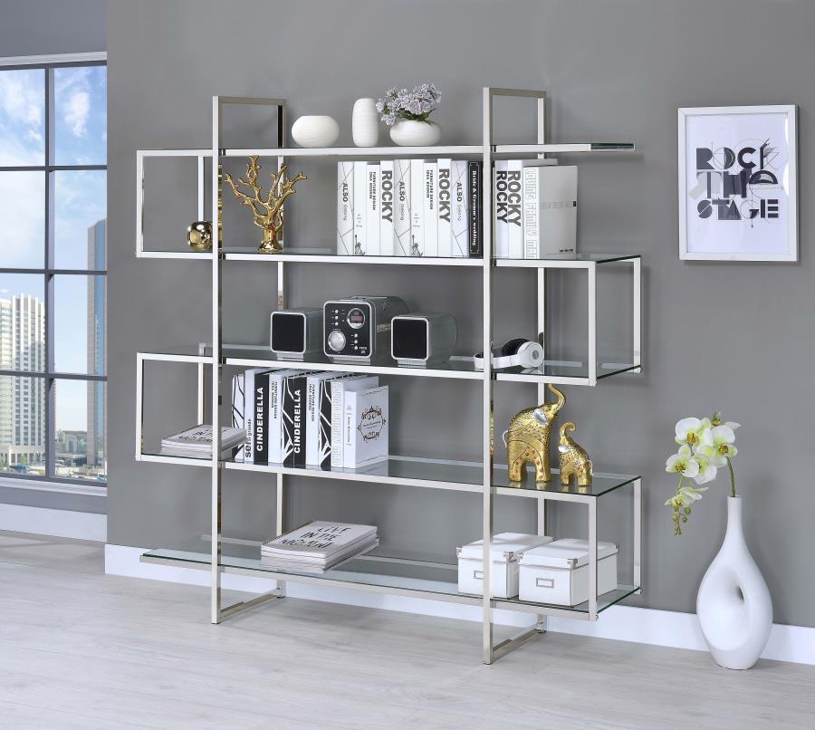 Elmer - 5-Shelf Bookshelf - Clear And Chrome by CoasterElevations | Bel Furniture