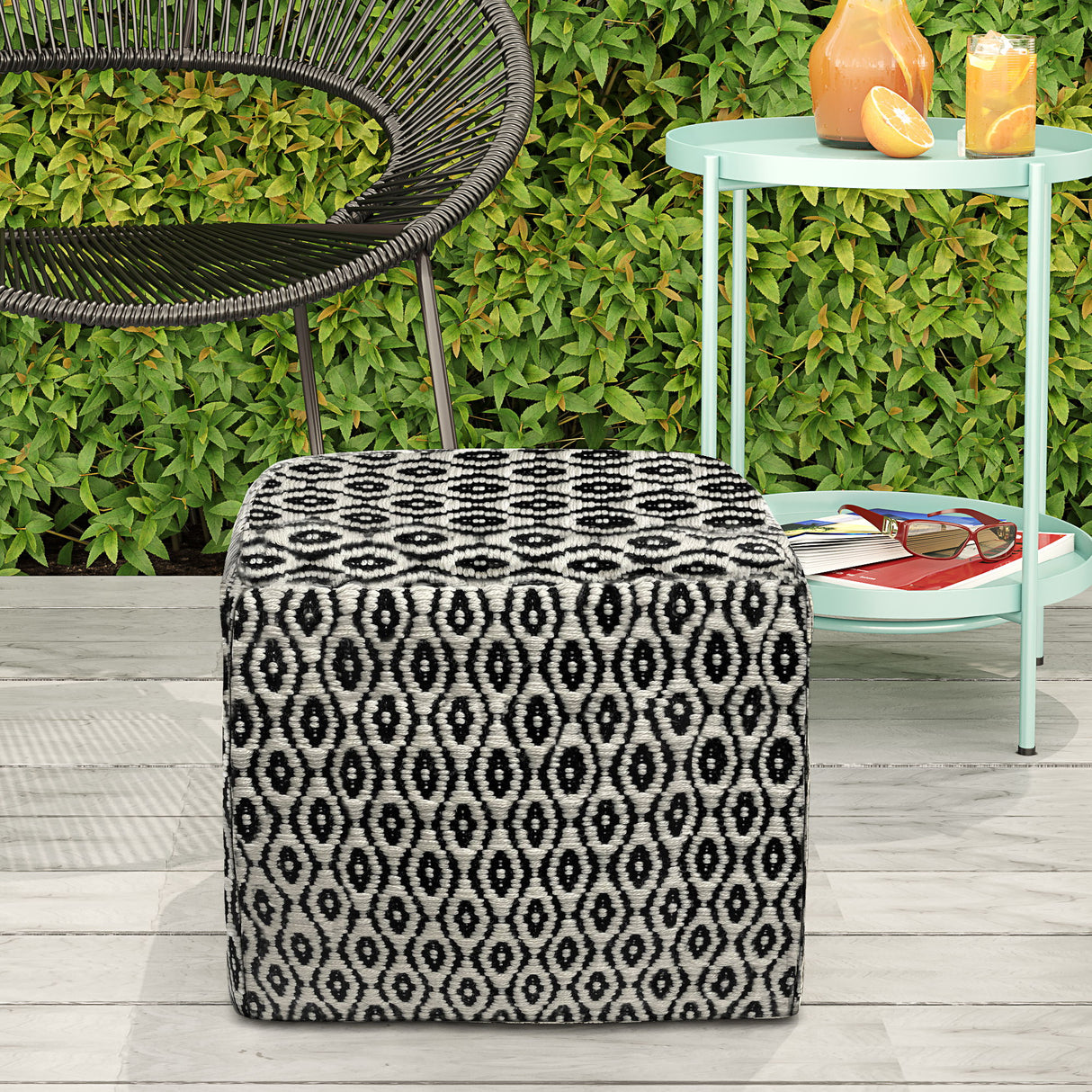 Kiana - Square Woven Outdoor / Indoor Pouf - Black / White by Simpli-Home | Bel Furniture
