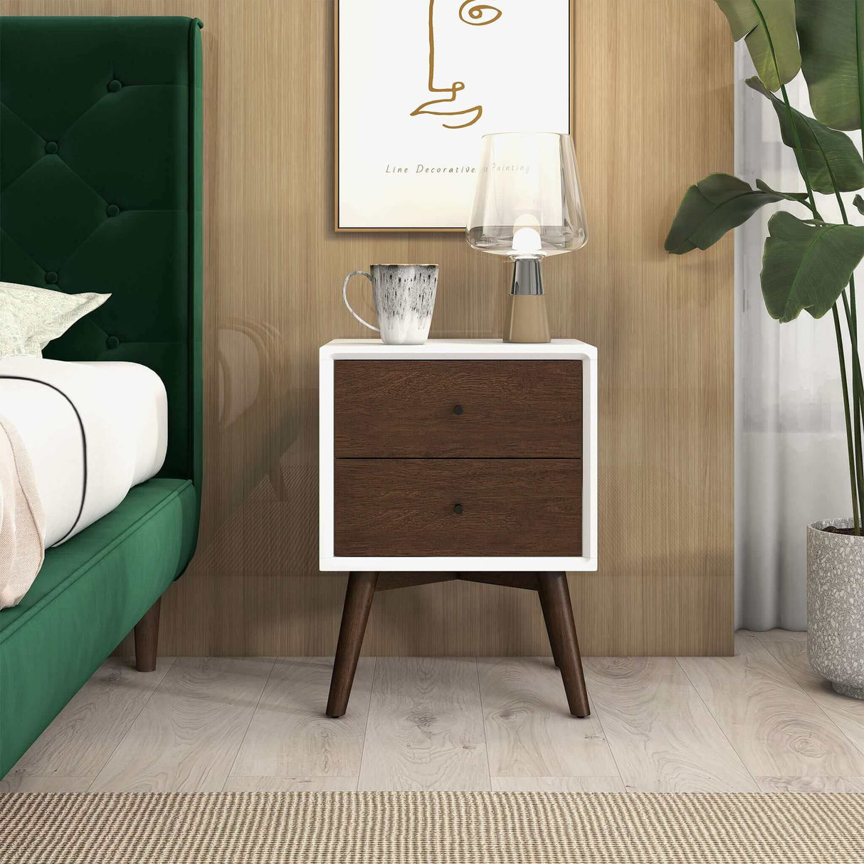 Caroline - Mid-Century Modern Style White Night Stand 2 Drawer