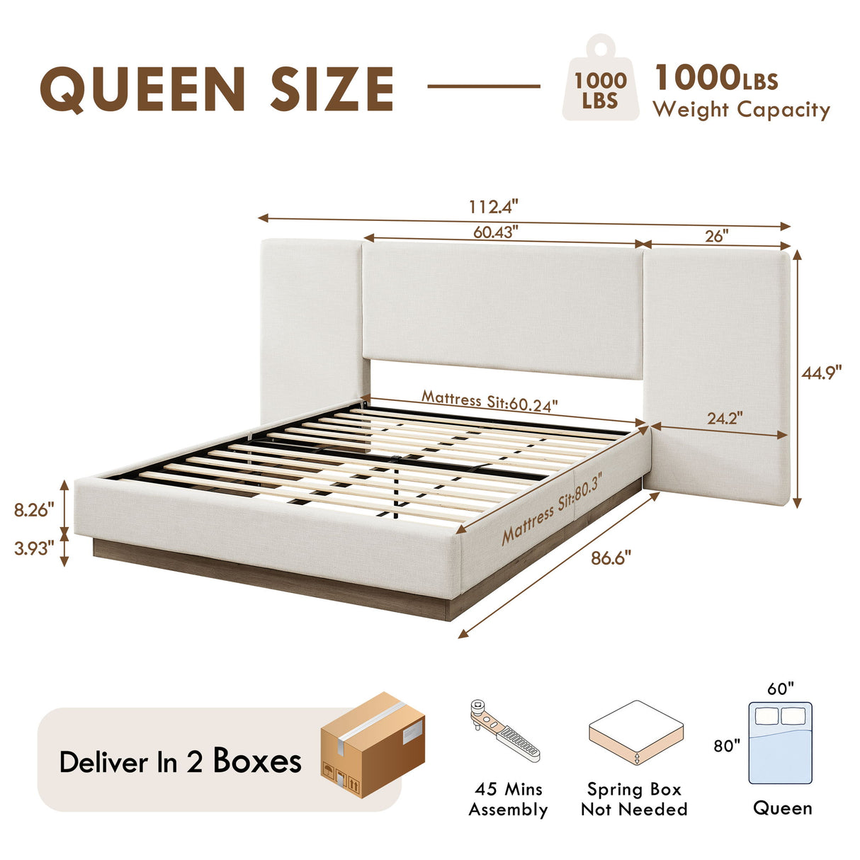 Muse - Queen Upholstered Platform Bed Frame - Ivory / Light Gray / Camel Oak