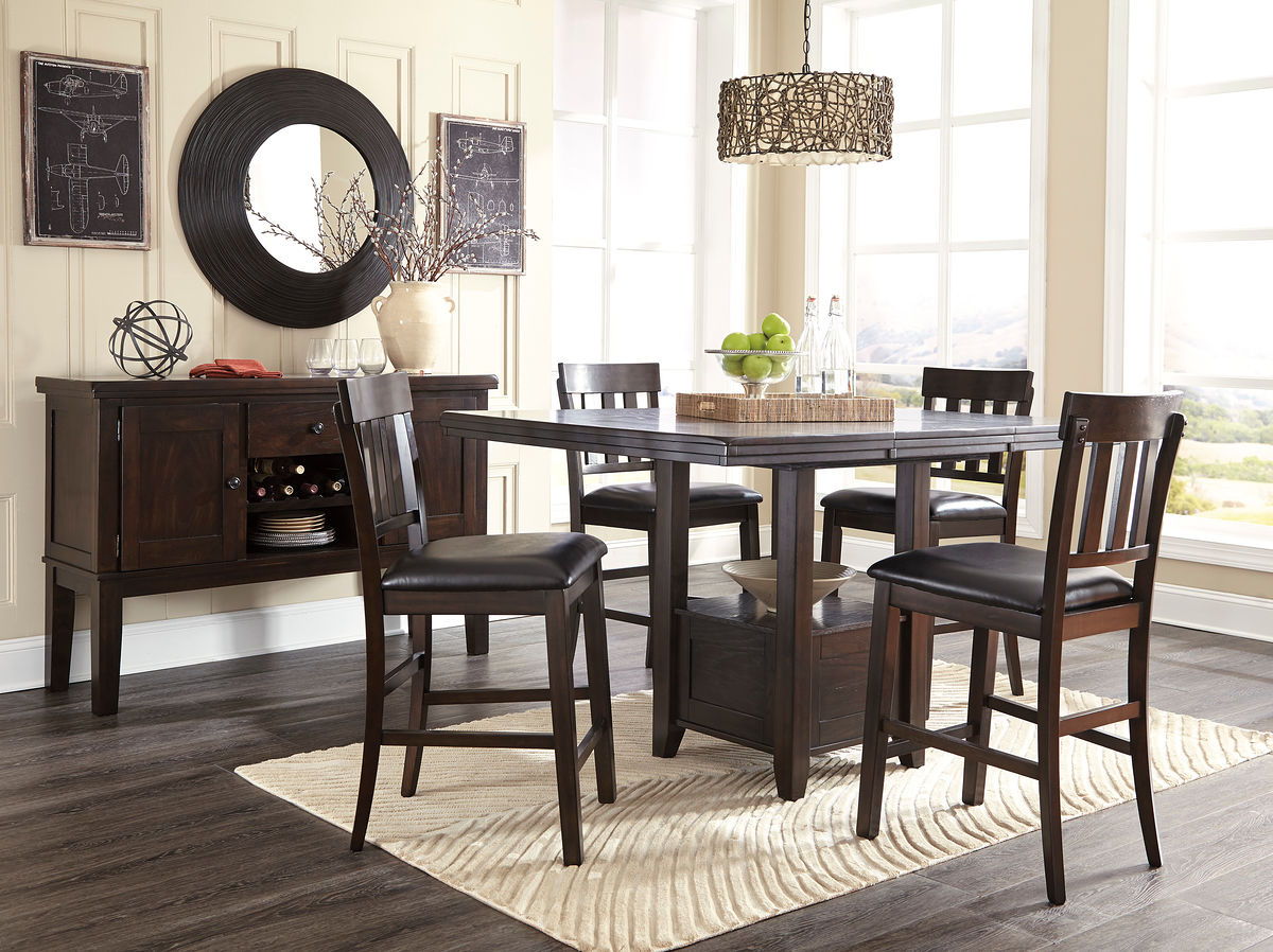Haddigan - Dining Table With Bar Stools Dark Brown 6 Pc. - Rectangular Dining Room Counter Extension Table, 4 Upholstered Barstools, Server by Signature Design by Ashley® | Bel Furniture