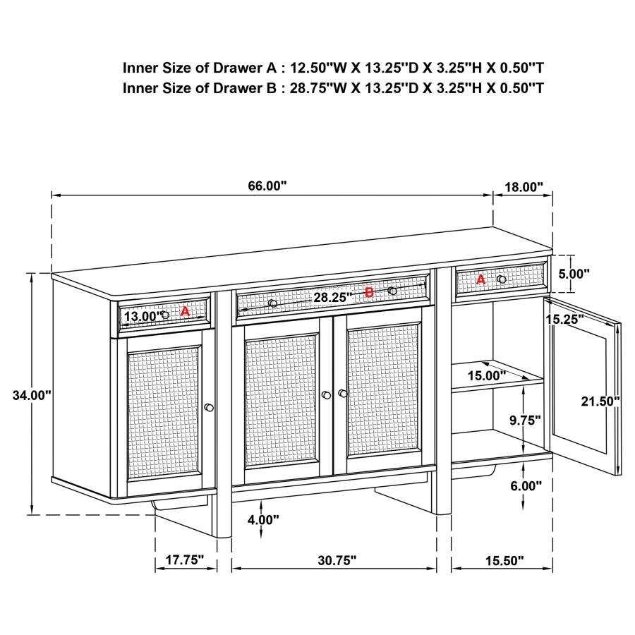 Kailani - 4-Door Cane Sideboard Buffet Cabinet - Beige Oak by Coaster Fine Furniture | Bel Furniture