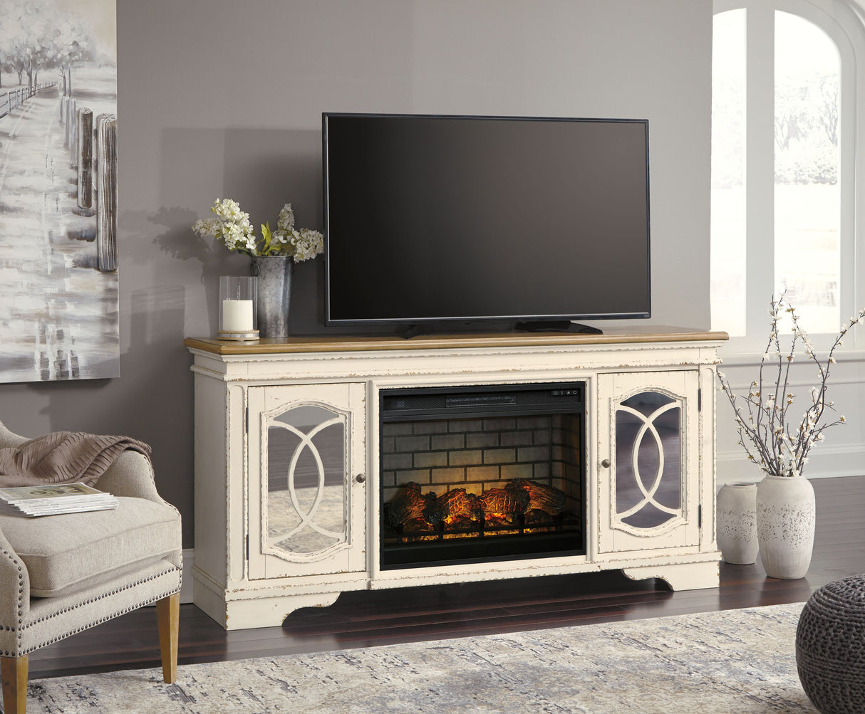 Realyn - Chipped White - 2 Pc. - 74" TV Stand with Electric Infrared Fireplace Insert by Signature Design by Ashley® | Bel Furniture