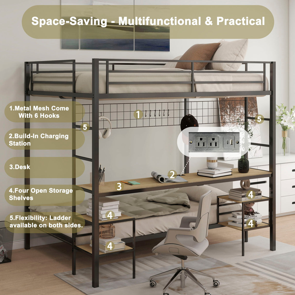 Ethan - Bunk Bed With Desk, Charging Station, Storage Shelves