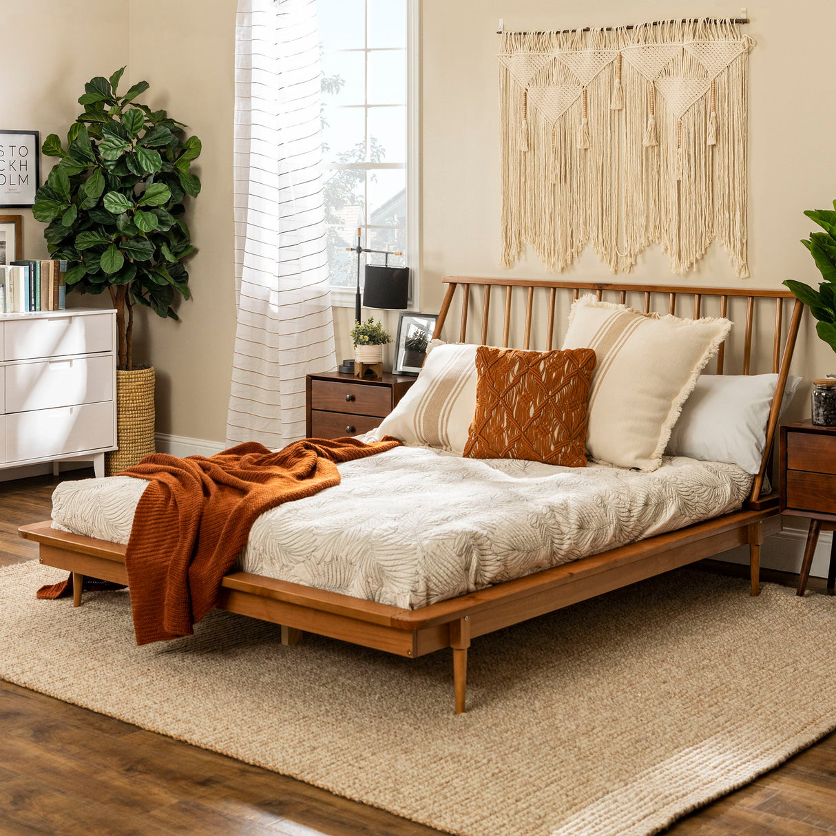 Mid-Century Modern Solid Wood Platform Bed Frame With Spindle Headboard by Walker Edison | Bel Furniture