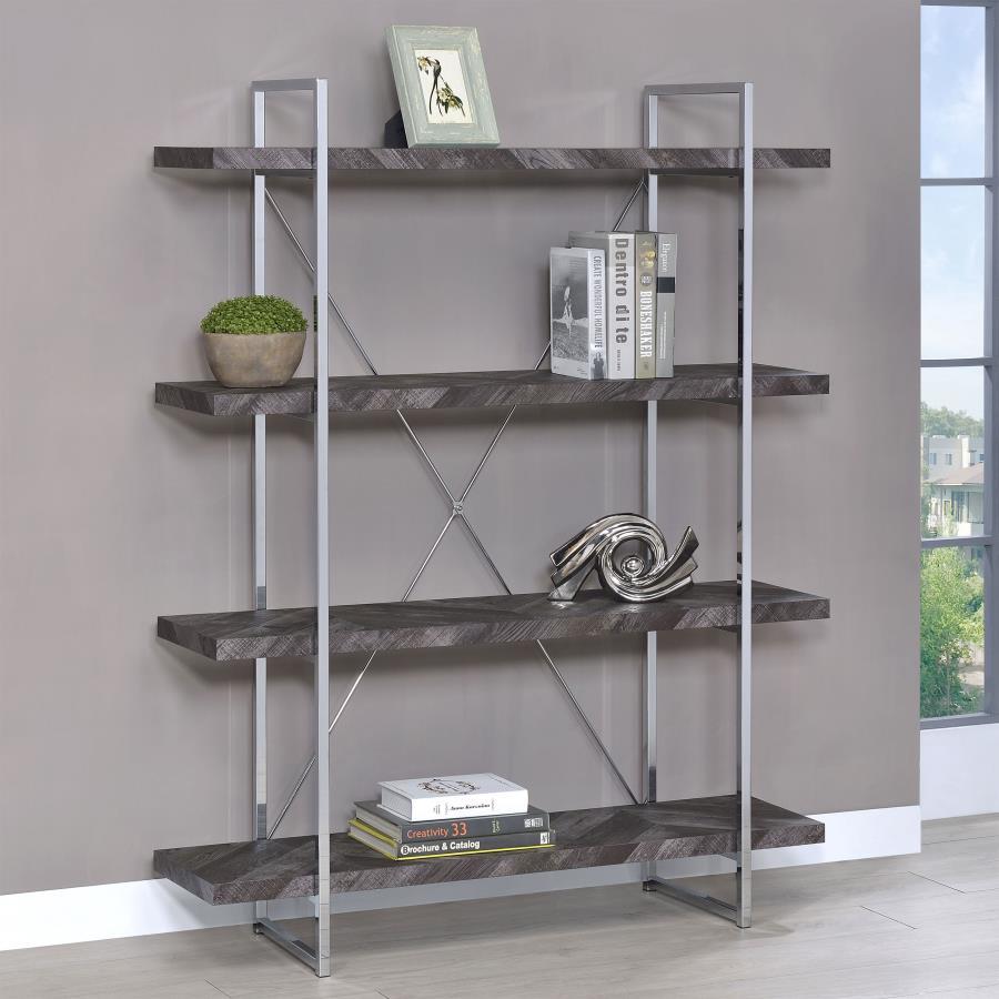 Grimma - 4-Shelf Bookshelf - Rustic Gray And Chrome by CoasterEssence | Bel Furniture