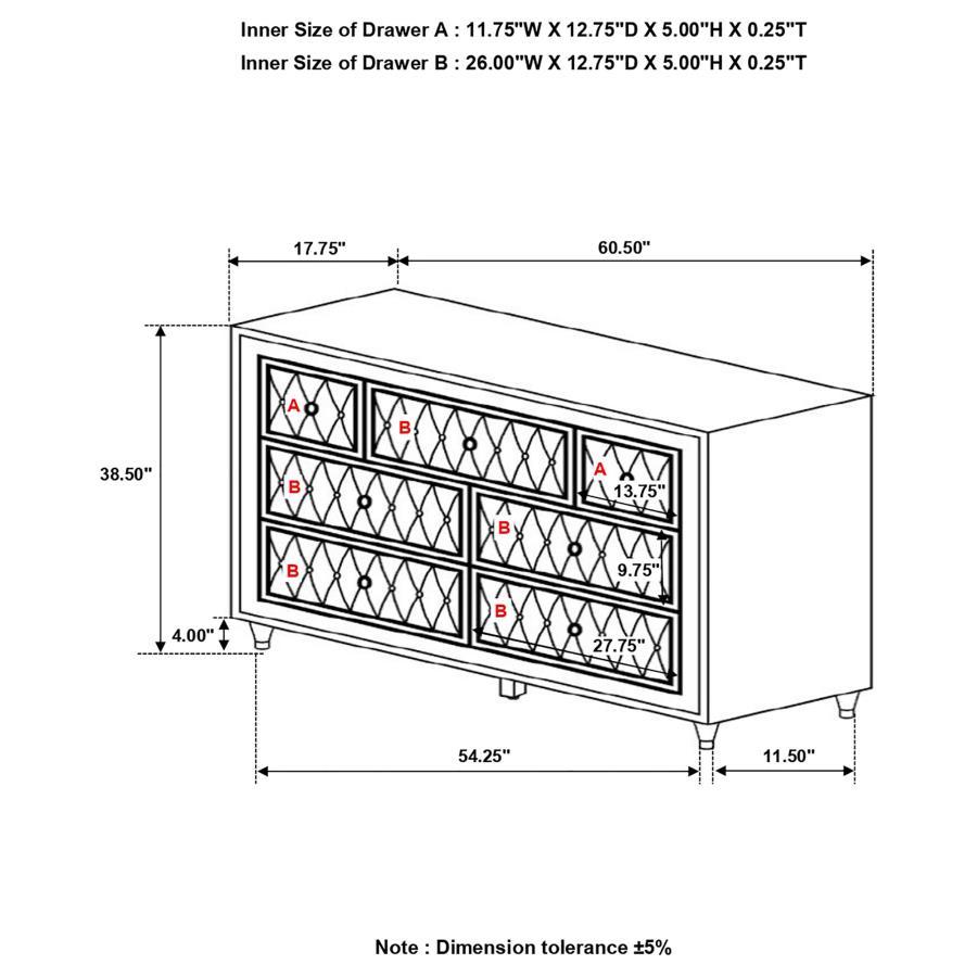 Antonella - 7-Drawer Upholstered Dresser by CoasterElevations | Bel Furniture