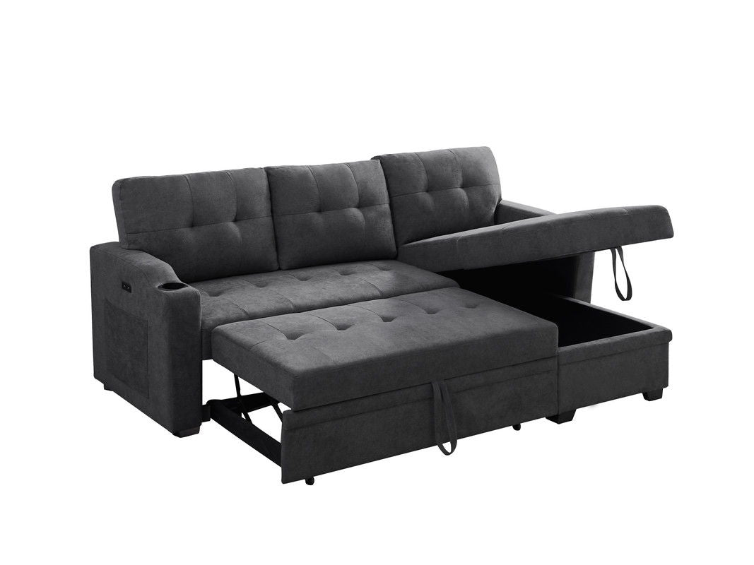 Mabel - Woven Fabric Sleeper Sectional With Cupholder, USB Charging Port nd Pocket - Dark Gray by Lilola Home | Bel Furniture