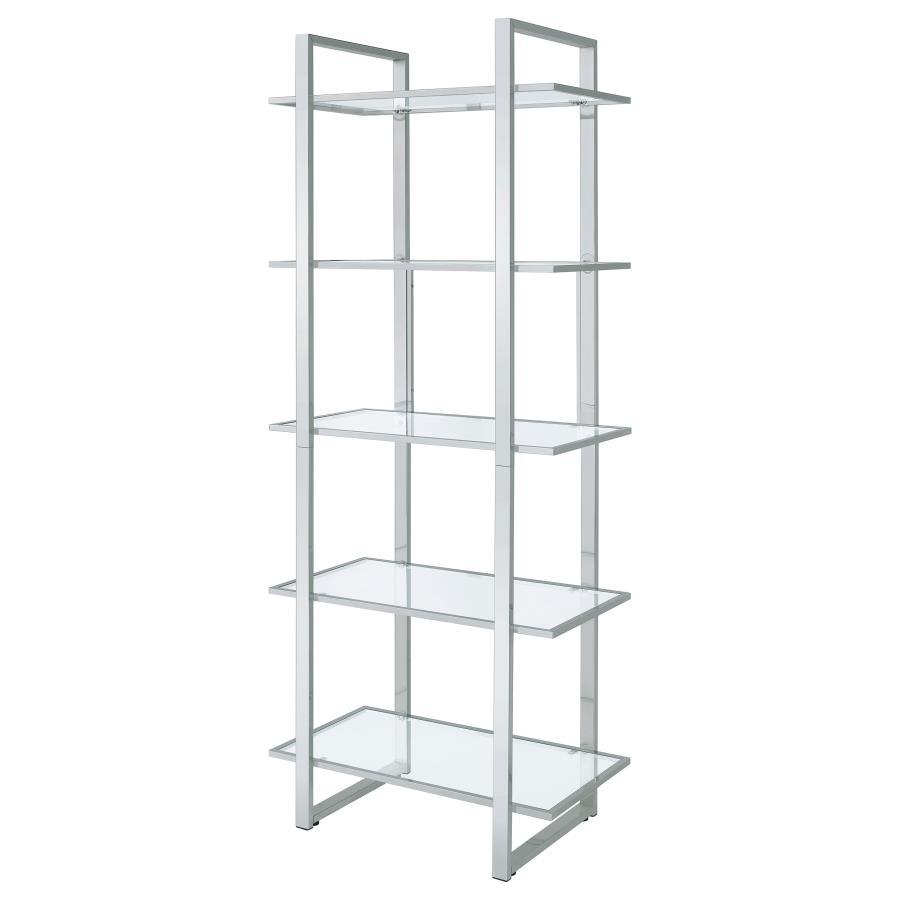 Hartford - 5-Shelf Glass Bookshelf - Chrome by CoasterEssence | Bel Furniture