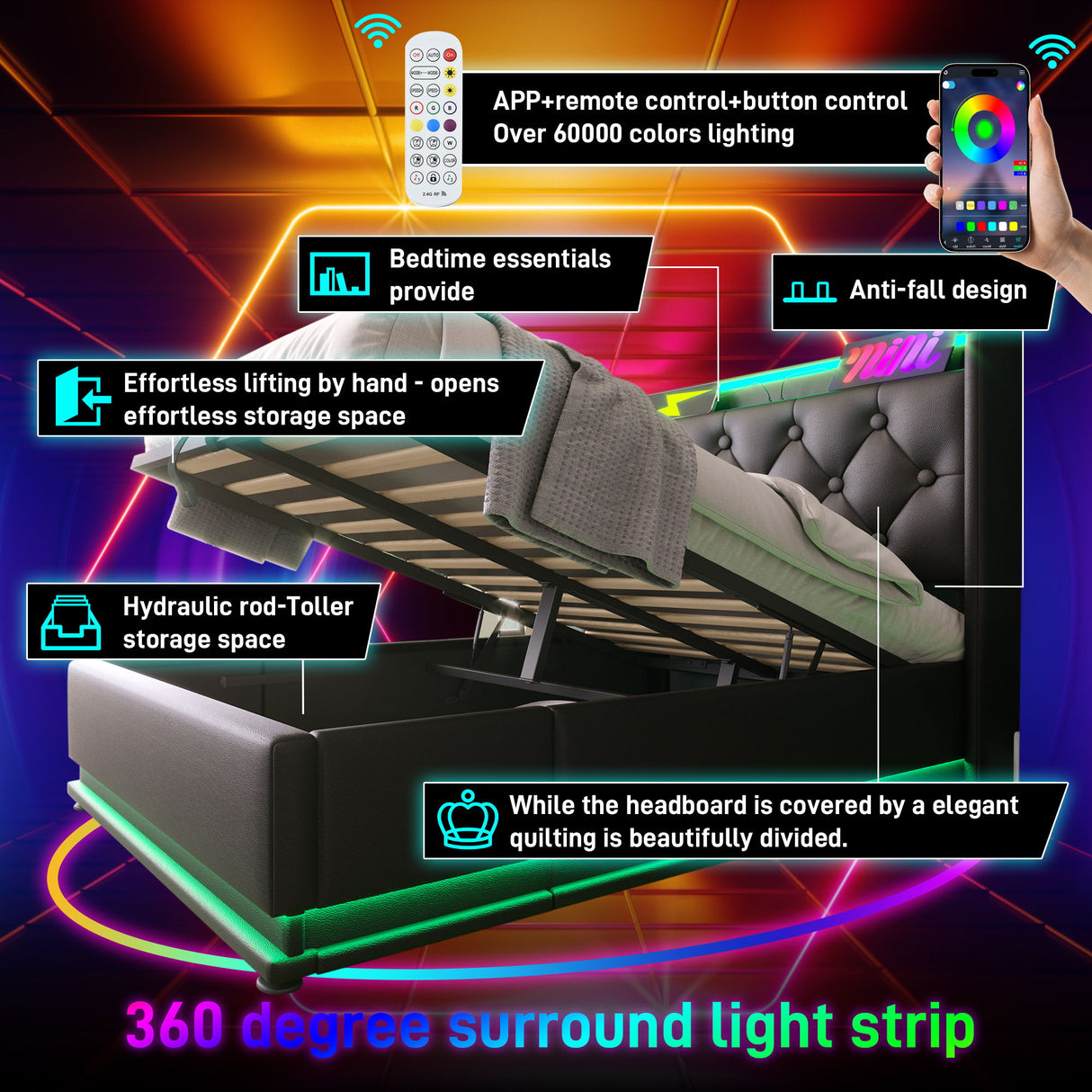Upholstered Bed, 360 Surround LED Function, Remote Control, Hydraulic Storage Bed With USB, Type-C Charging (Without Mattress)