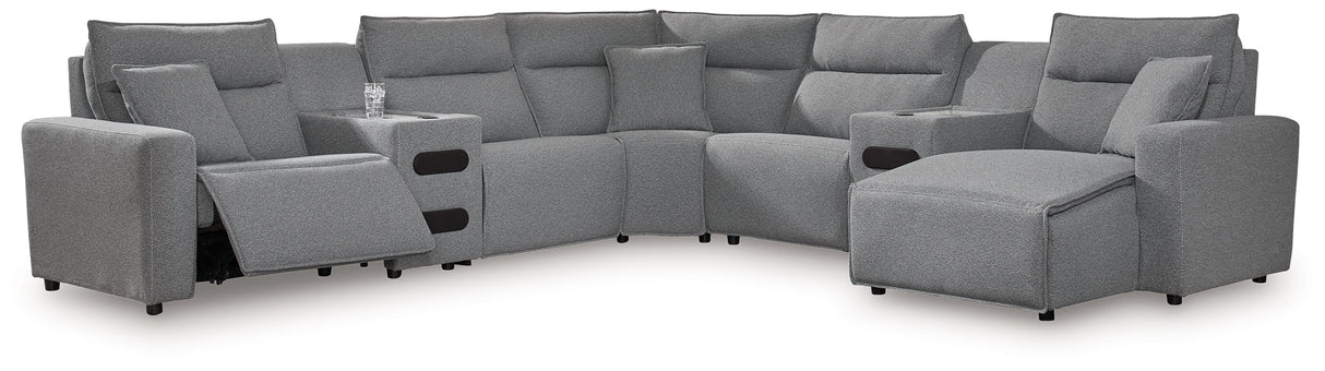 Modmax - Salt And Pepper - Reclining Sectional Gray 7 Pc. Power Reclining Sectional With RAF Press Back Power Chaise by Signature Design by Ashley® | Bel Furniture