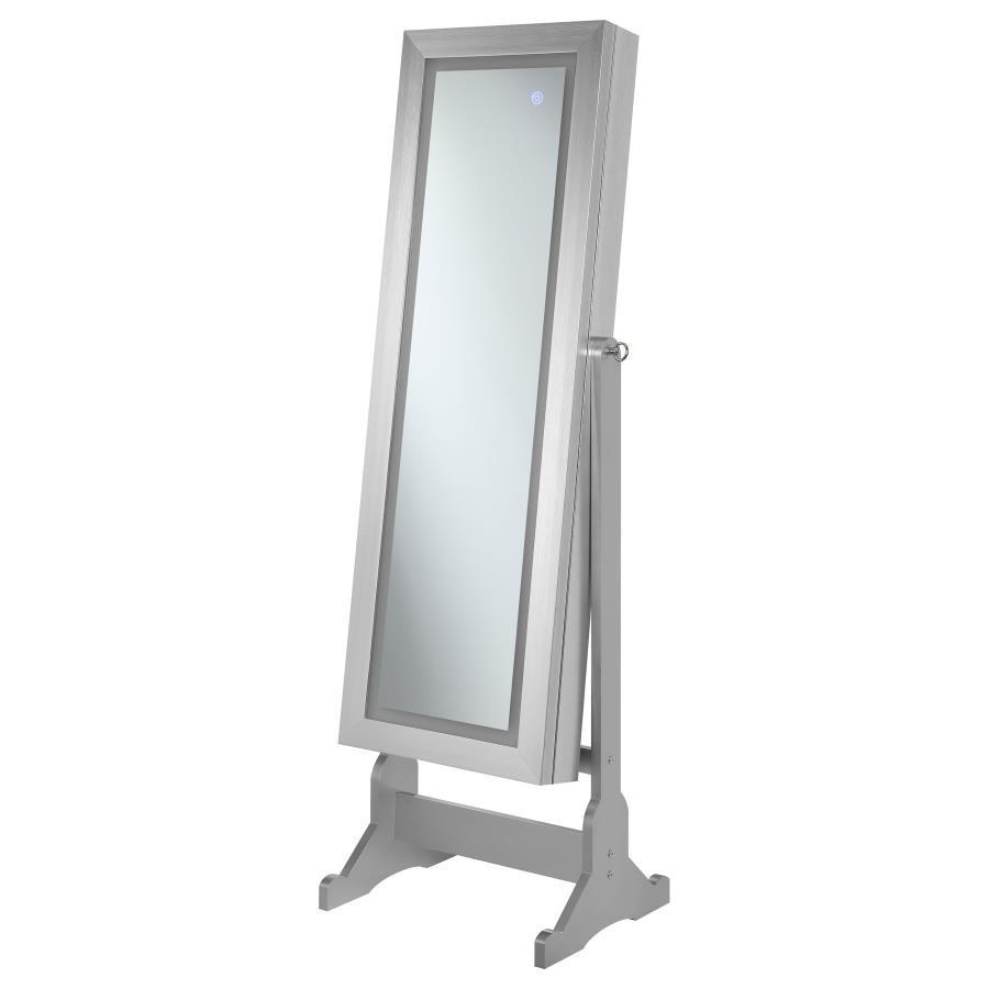Moore - Cheval Mirror With Jewelry Storage - Silver by CoasterEssence | Bel Furniture