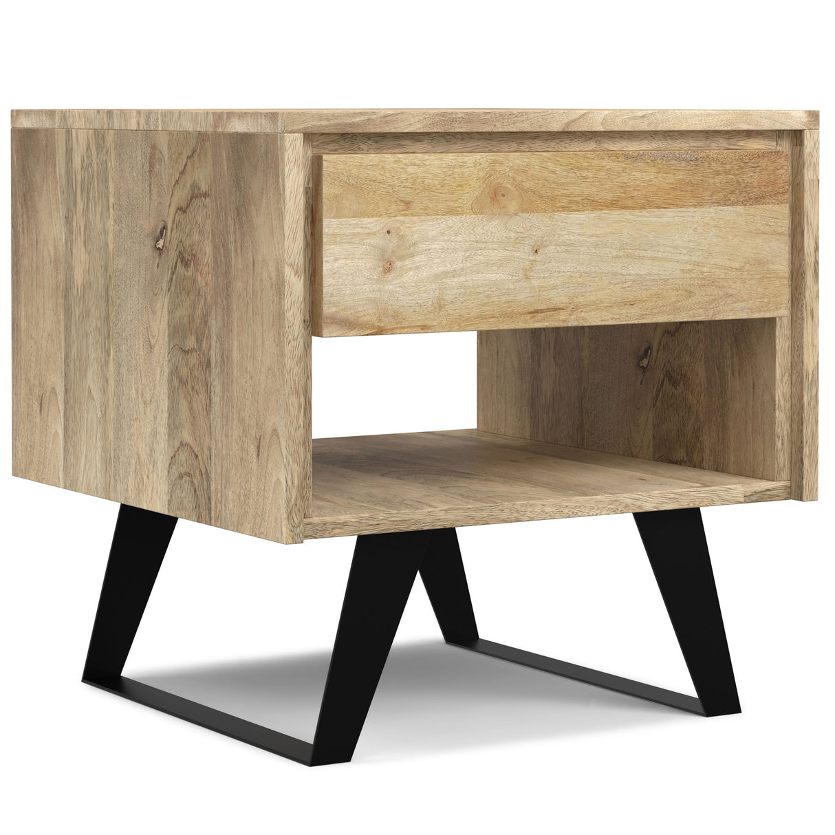 Lowry handcrafted end table with light wood finish, one drawer, open shelf, and black angled legs - Bel Furniture