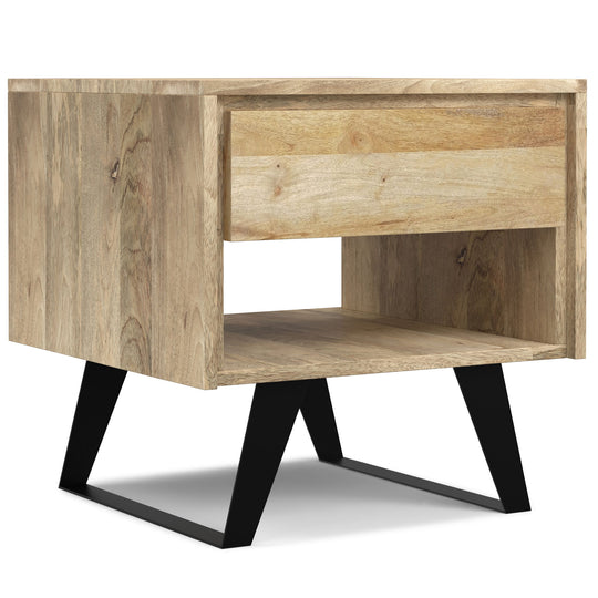 Lowry handcrafted end table with light wood finish, one drawer, open shelf, and black angled legs - Bel Furniture