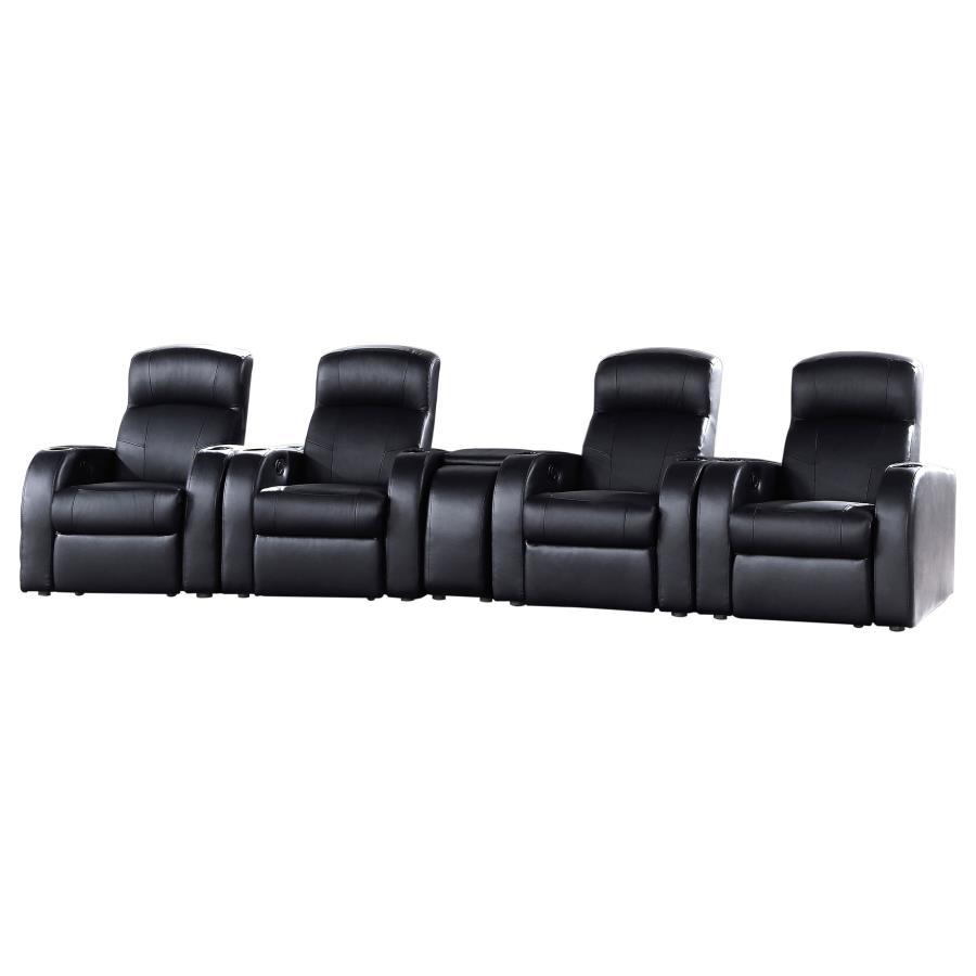 Cyrus - Upholstered Home Theater Seating Black 5 Pc. 4 Seats, 1 Cup Holder by CoasterEssence | Bel Furniture