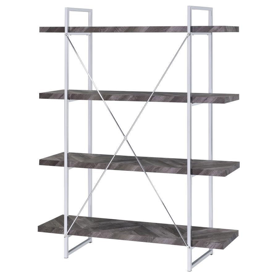Grimma - 4-Shelf Bookshelf - Rustic Gray And Chrome by CoasterEssence | Bel Furniture