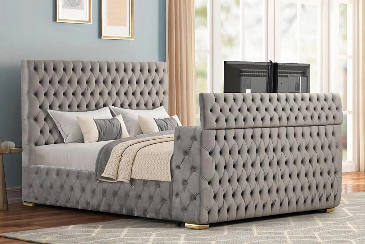 3-Piece Bed with Built-in Fireplace and TV Mount - Grey by Mollai Collections | Bel Furniture