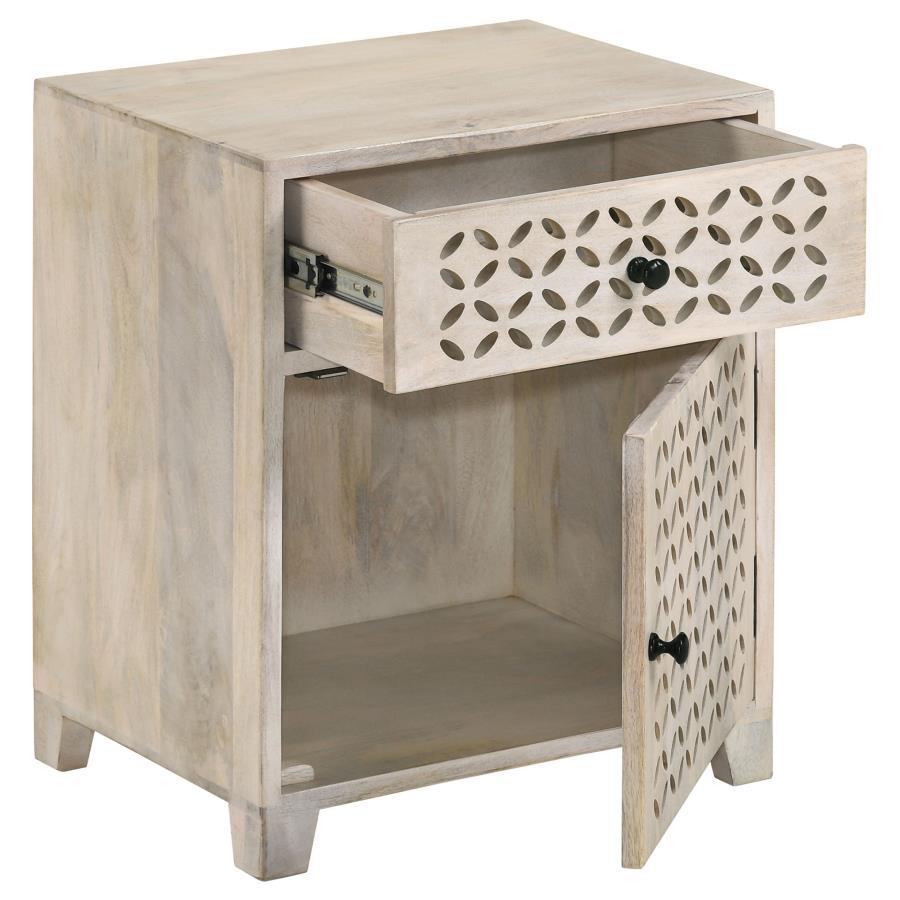 August - 1-Drawer Trellis Pattern Storage Cabinet - White Washed by CoasterEssence | Bel Furniture