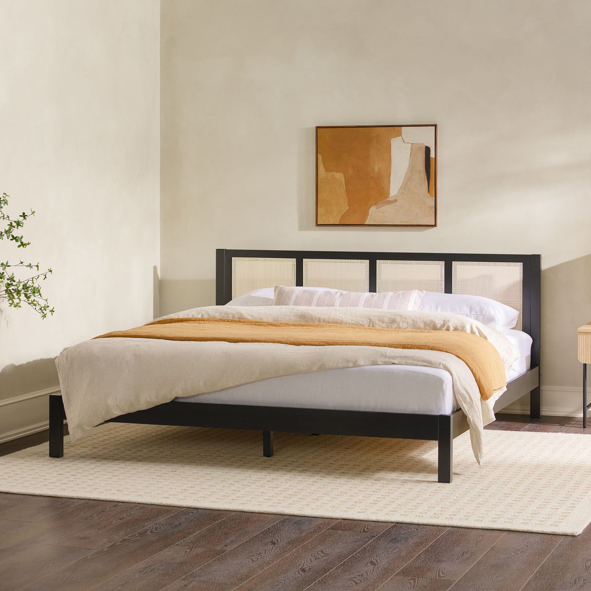 King Bed With Rattan Panel Headboard - Black by Walker Edison | Bel Furniture