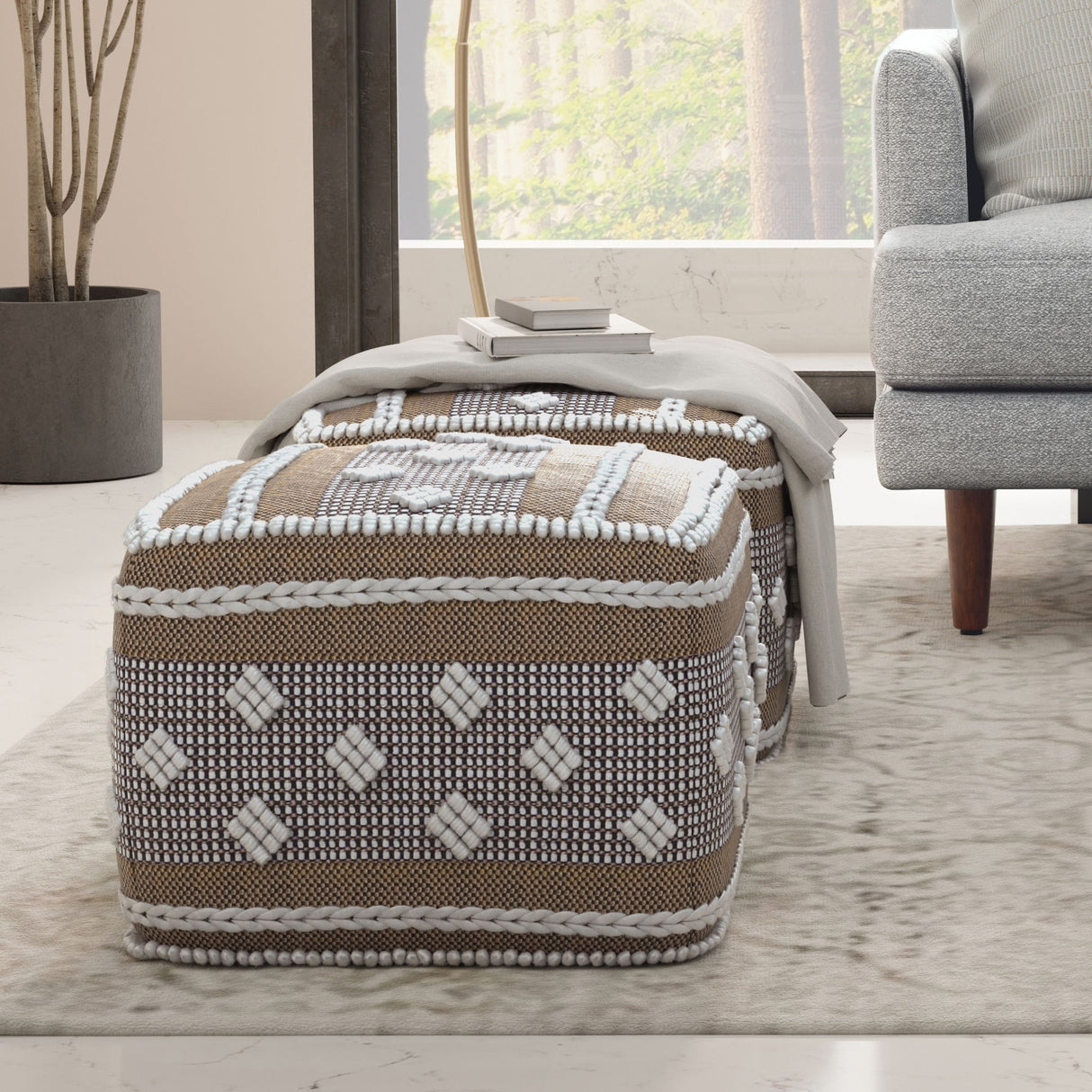Mapleton - Outdoor / Indoor Pouf - Beige Gray / White by Simpli-Home | Bel Furniture