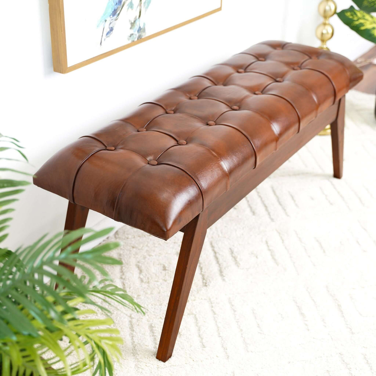 Maja - Mid-Century Modern Leather Bench - Cognac / Dark Brown by Ashcroft Furniture | Bel Furniture