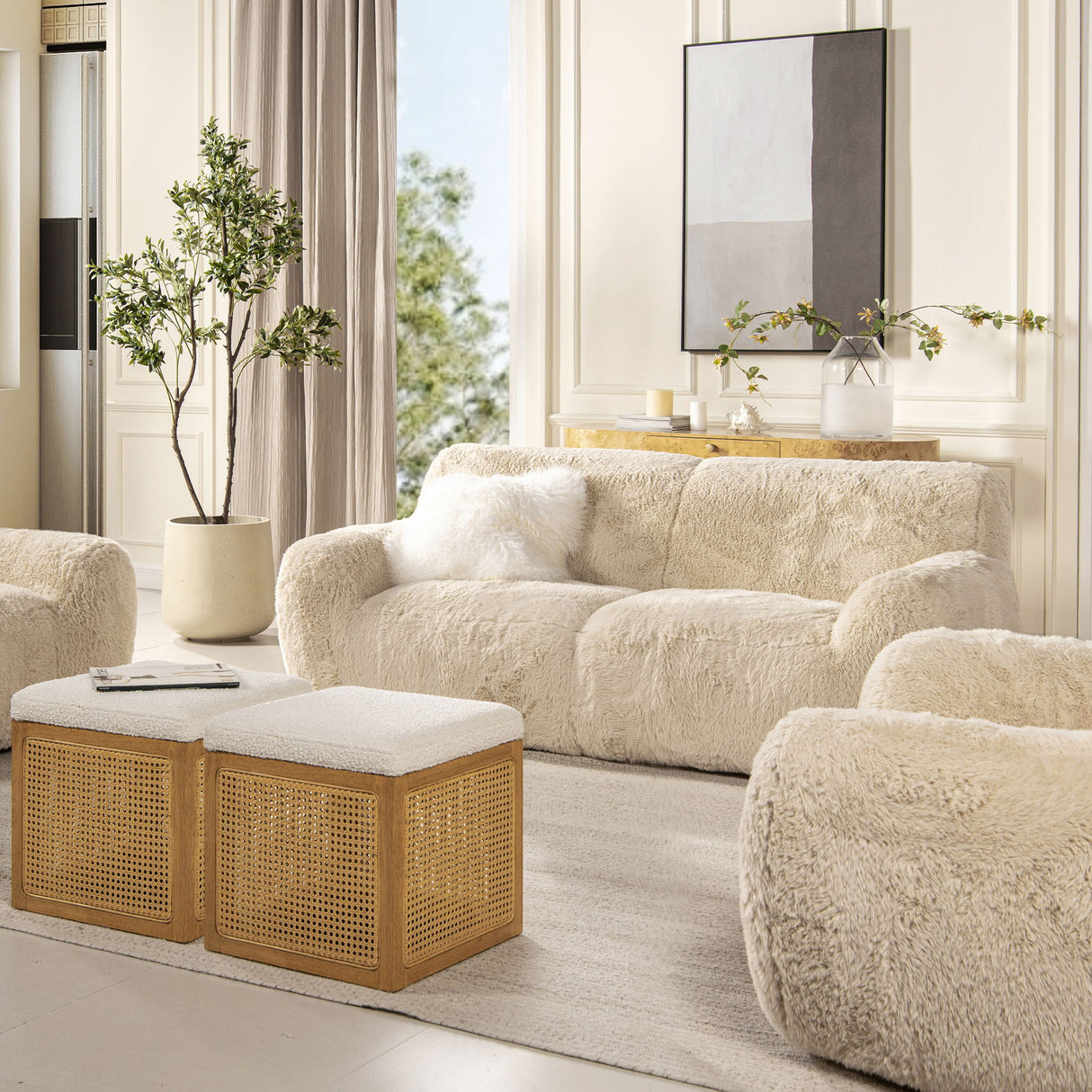 Summit - Faux Sheepskin Overstuffed Sofa - Cream Beige by Jennifer Taylor Home | Bel Furniture