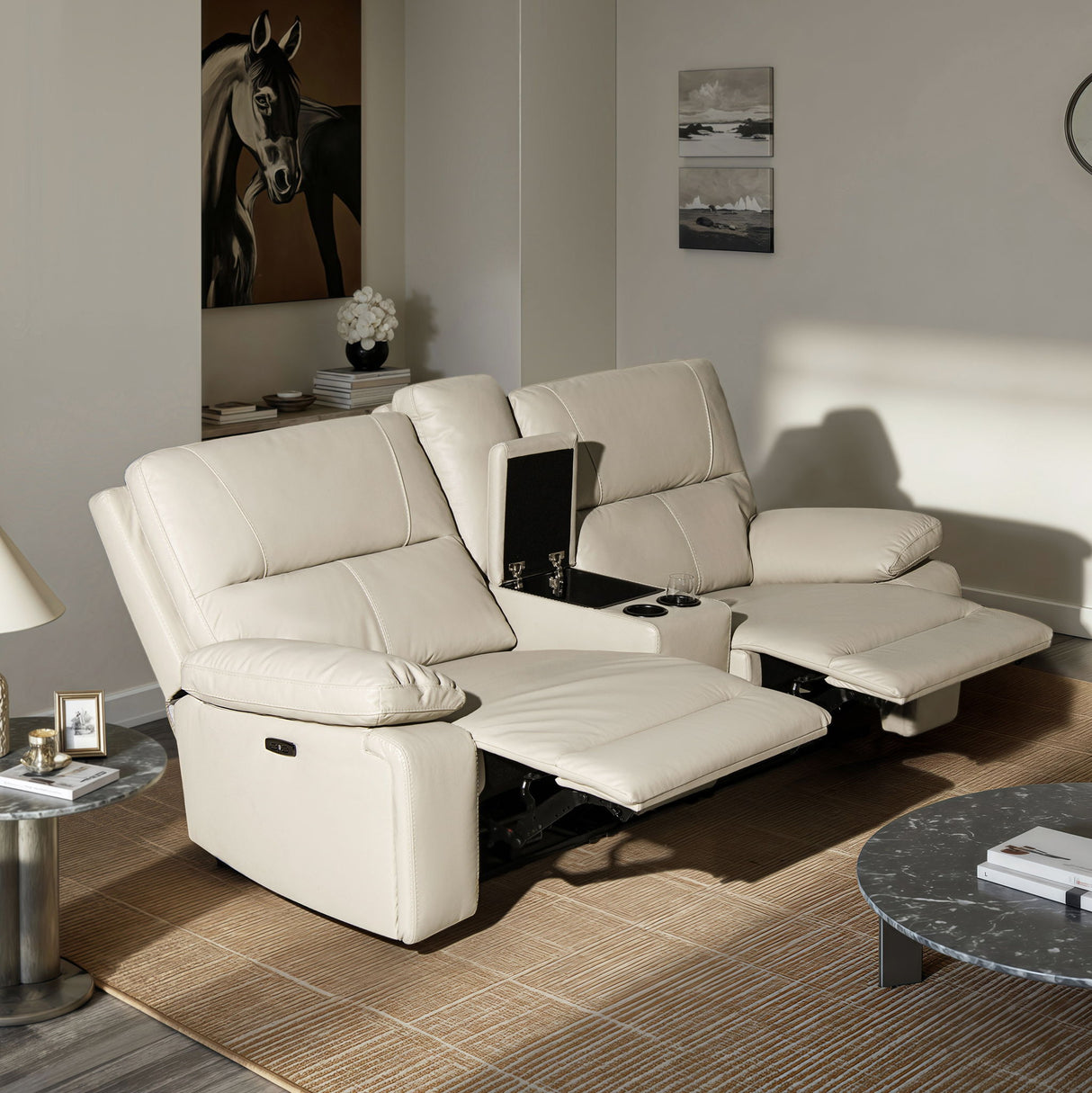 Malibu - Modern Power Motion 3 Piece Reclining Loveseat Sofa With Cup Holders - Cream Taupe Beige