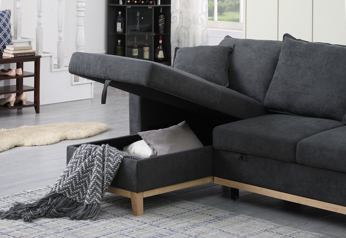 Colton - Woven Reversible Sleeper Sectional Sofa With Storage Chaise - Dark Gray by Lilola Home | Bel Furniture