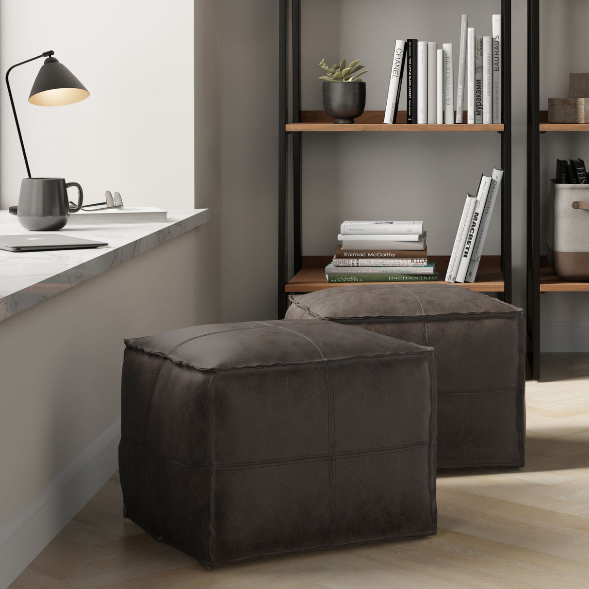 Sheffield - Square Pouf - Distressed Dark Brown by Simpli-Home | Bel Furniture