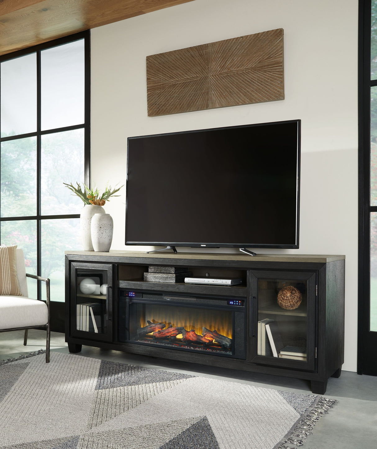 Foyland - Black / Brown - 83" TV Stand With Electric Infrared Fireplace Insert by Signature Design by Ashley® | Bel Furniture