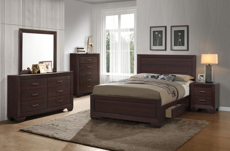 Kauffman - Transitional Storage Bed Bedroom Set Dark Brown 5 Pc. Bed, Dresser, Mirror, Chest, Nightstand King by CoasterEveryday | Bel Furniture