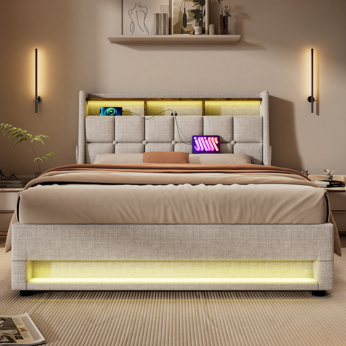 Upholstered Platform Bed With A Hydraulic Storage System, LED And USB Charging (Without Mattress)