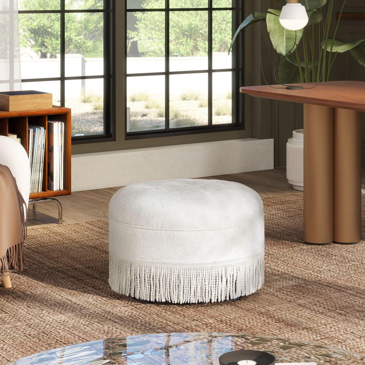 Yolanda - Round Upholstered Accent Ottoman - Almond White by Jennifer Taylor Home | Bel Furniture