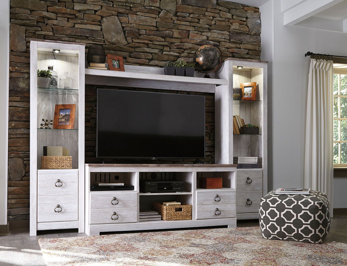 Willowton - Entertainment Center With Fireplace Option Light Brown 4 Pc. Entertainment Center, 64" TV Stand by Signature Design by Ashley® | Bel Furniture