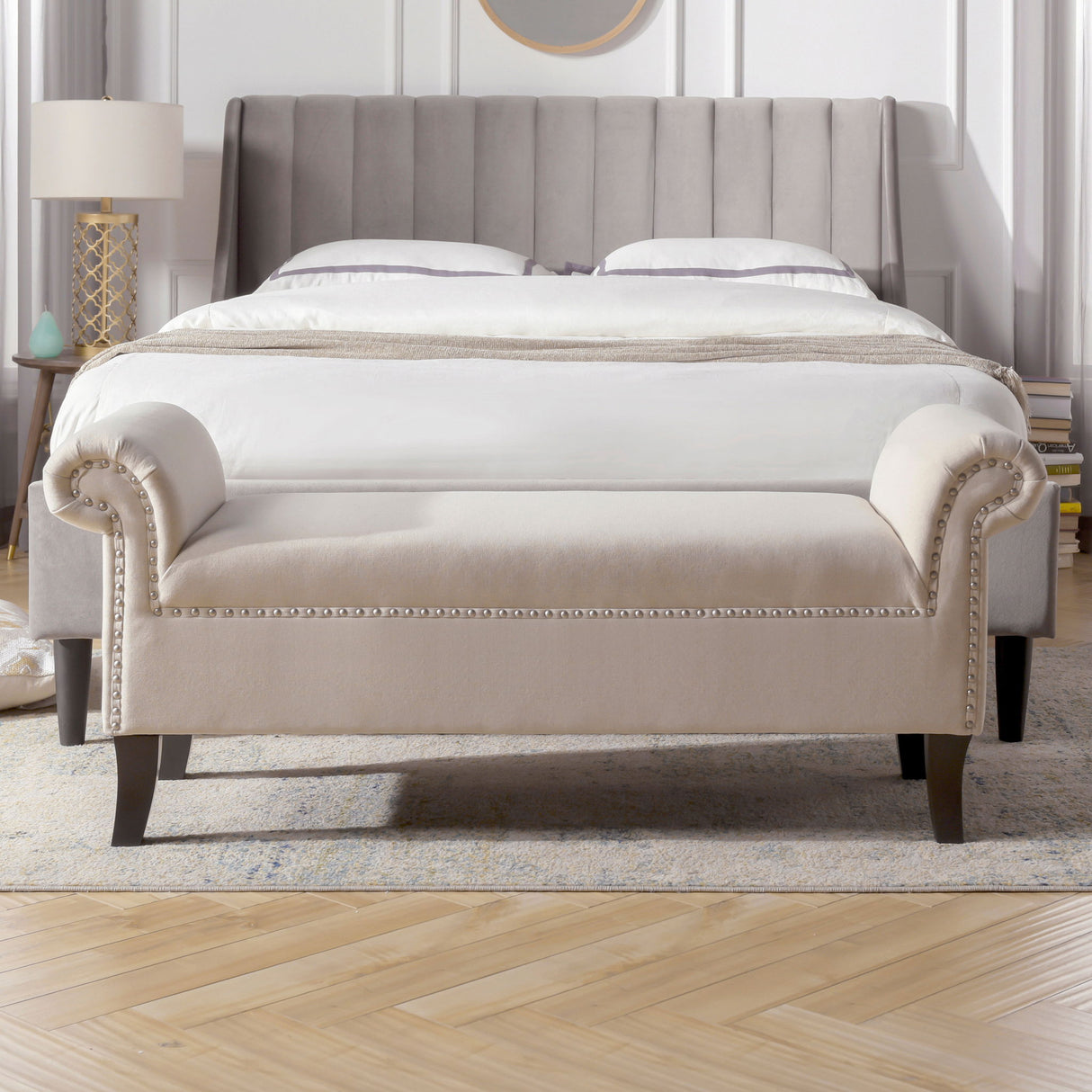 Kathy - Roll Arm Entryway Accent Bench - Sky Neutral Beige by Jennifer Taylor Home | Bel Furniture