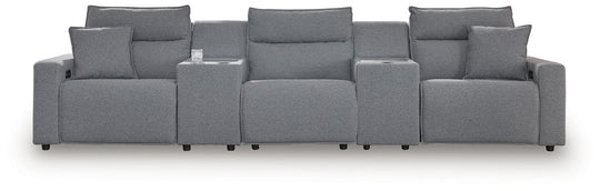 Modmax - Salt And Pepper - Reclining Sectional Gray 5 Pc. Power Reclining Sectional With 2 Storage Consoles by Signature Design by Ashley® | Bel Furniture
