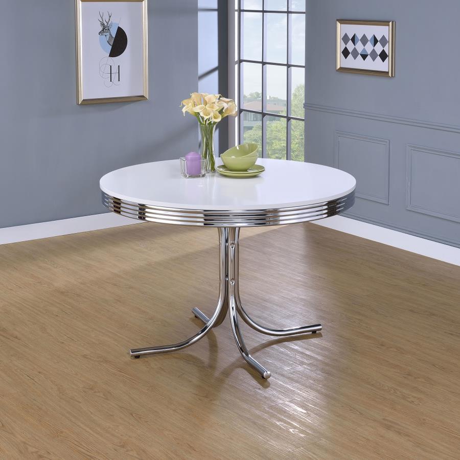 Retro - Round Wood Top Dining Table - White And Chrome by CoasterEveryday | Bel Furniture