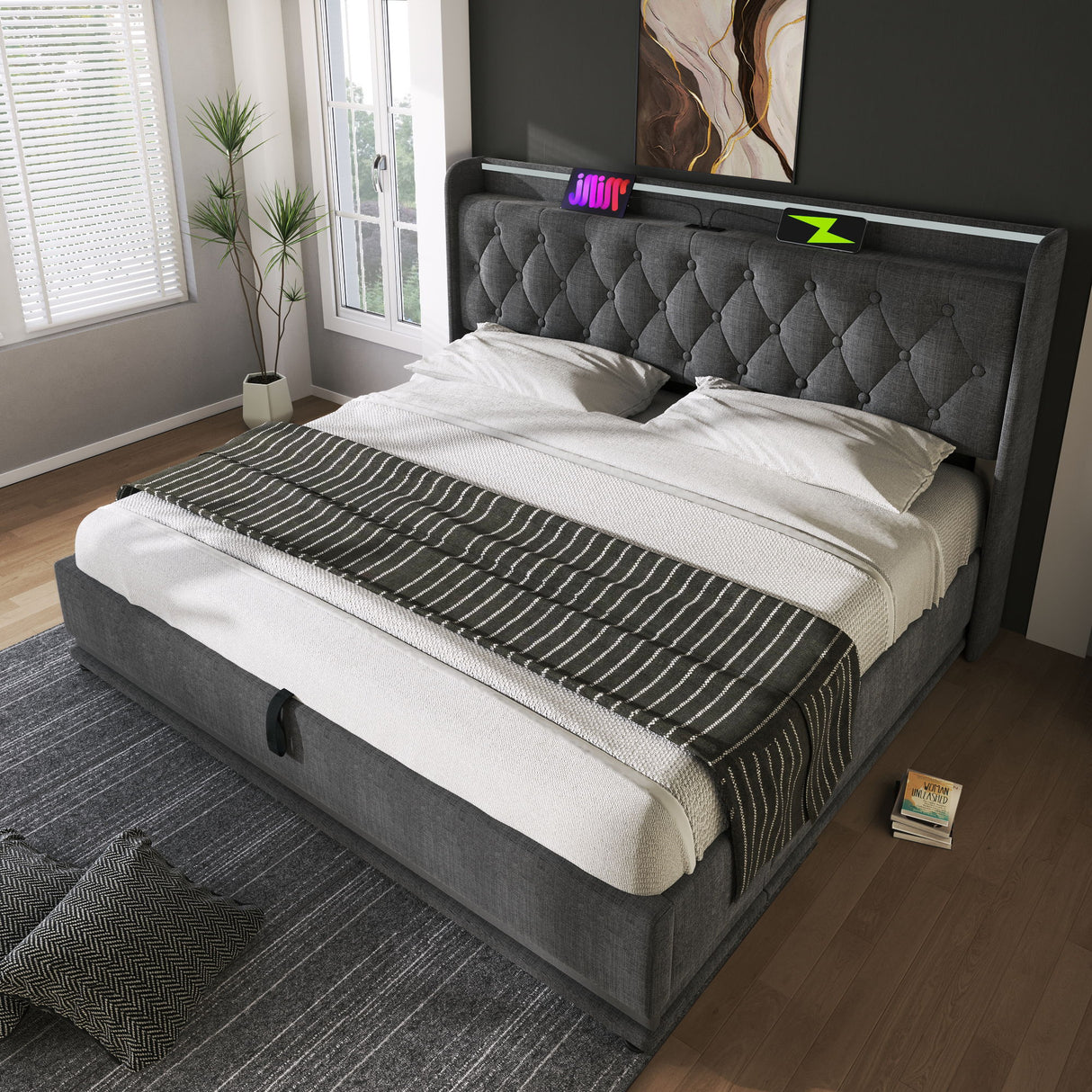Upholstered Bed, 360 Surround LED Function, Remote Control, Hydraulic Storage Bed With USB, Type-C Charging (Without Mattress)