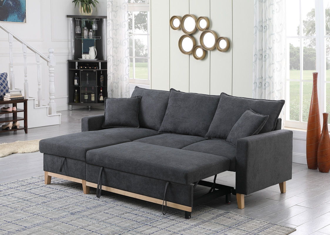 Colton - Woven Reversible Sleeper Sectional Sofa With Storage Chaise - Dark Gray by Lilola Home | Bel Furniture