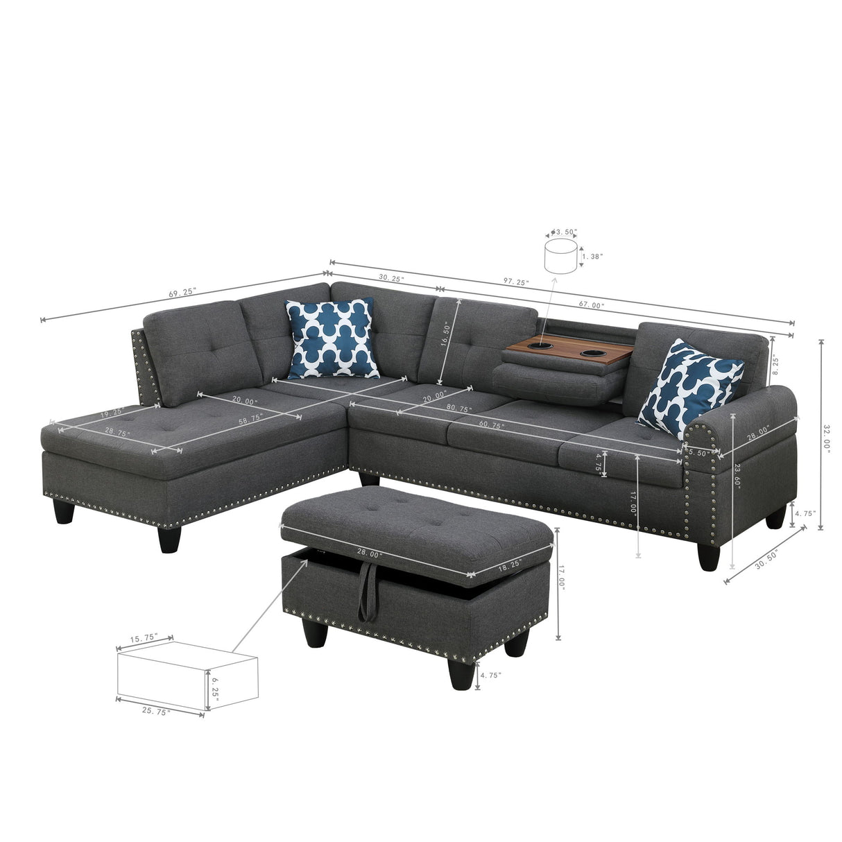 Alger - 98" Wide Left Hand Facing Sofa & Chaise With Ottoman