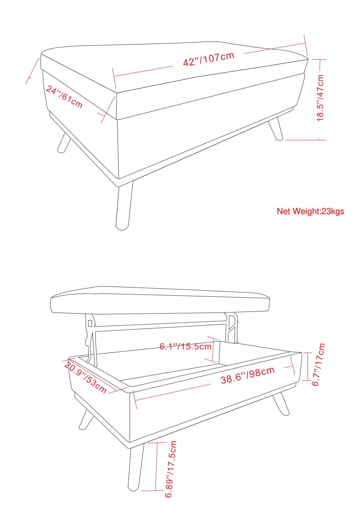 Owen - Lift Top Large Coffee Table Storage Ottoman, Mid Century Style