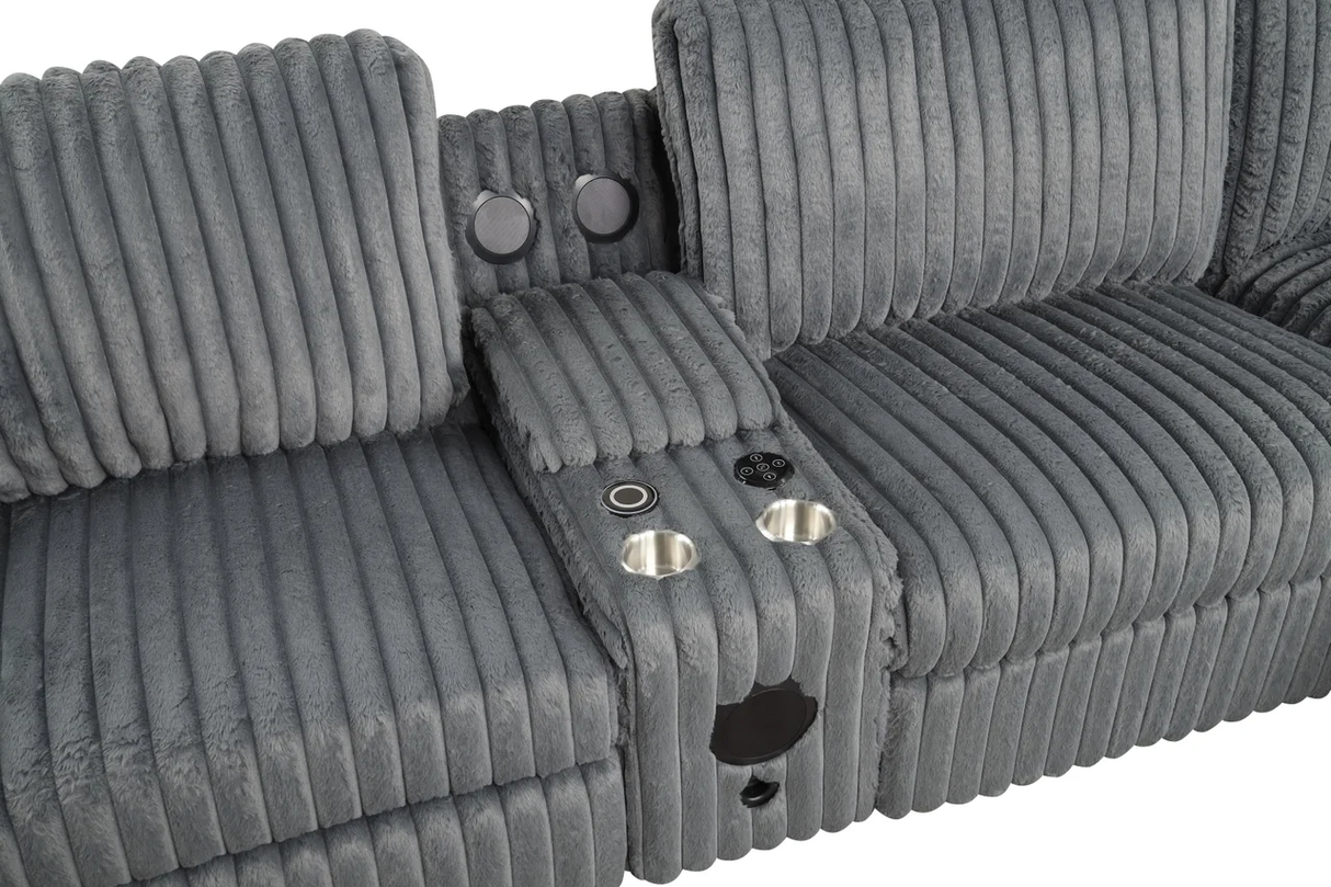 Amelia Charcoal Corduroy Fabric Power Reclining Sectional with Storage Console & Bluetooth Speakers