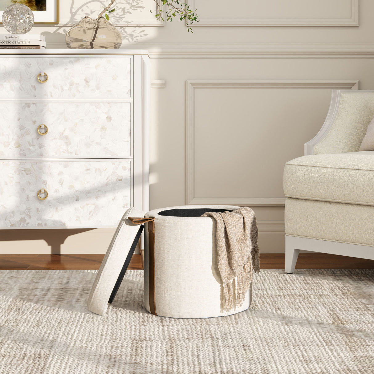 Brandy - Round Upholstered Storage Ottoman With Leather Accent by Jennifer Taylor Home | Bel Furniture