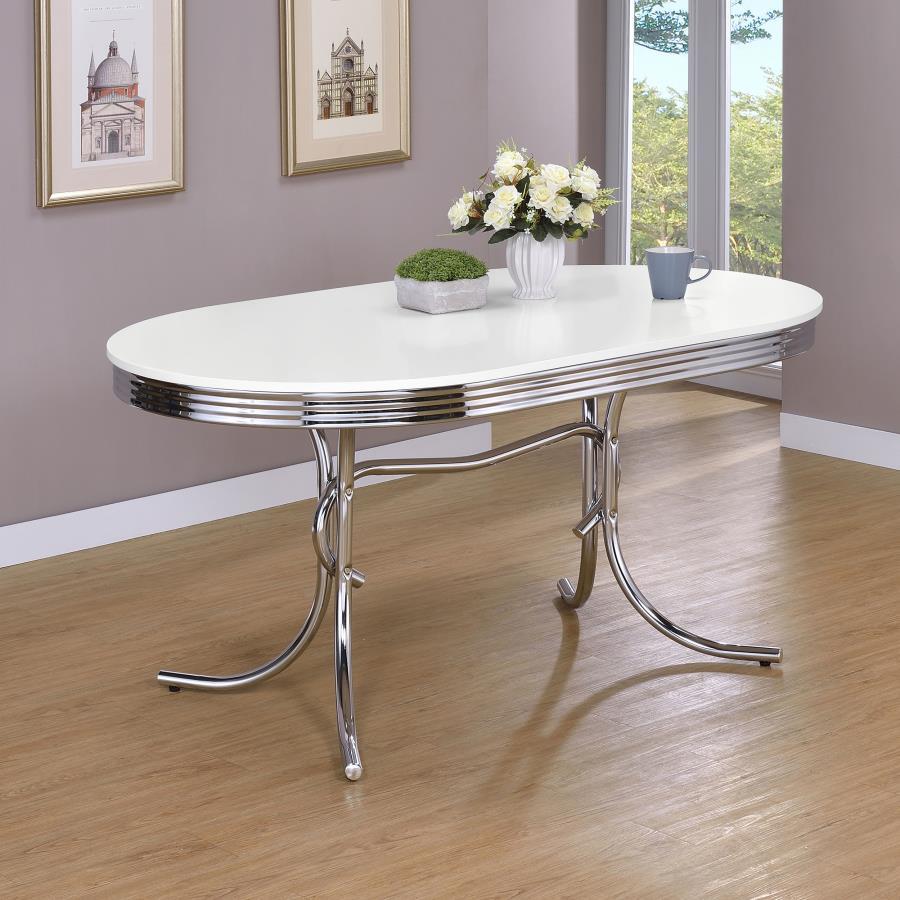 Retro - Oval Wood Top Dining Table - White And Chrome by CoasterEveryday | Bel Furniture