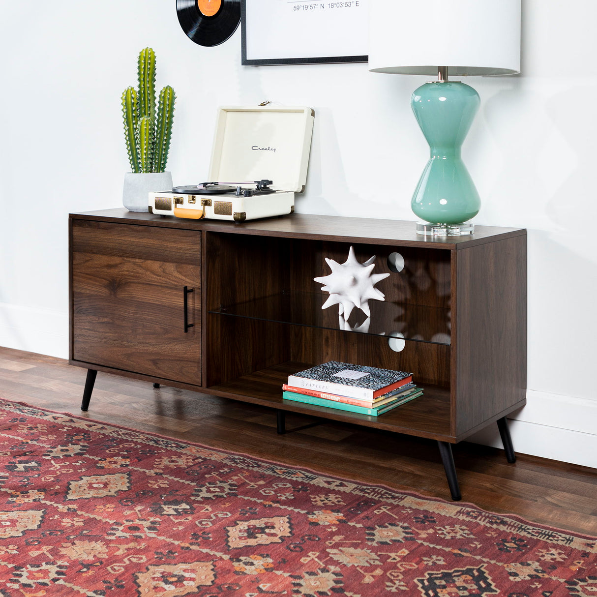 Contemporary Glass Shelf TV Stand For TVs Up To 58 - Dark Walnut by Walker Edison | Bel Furniture