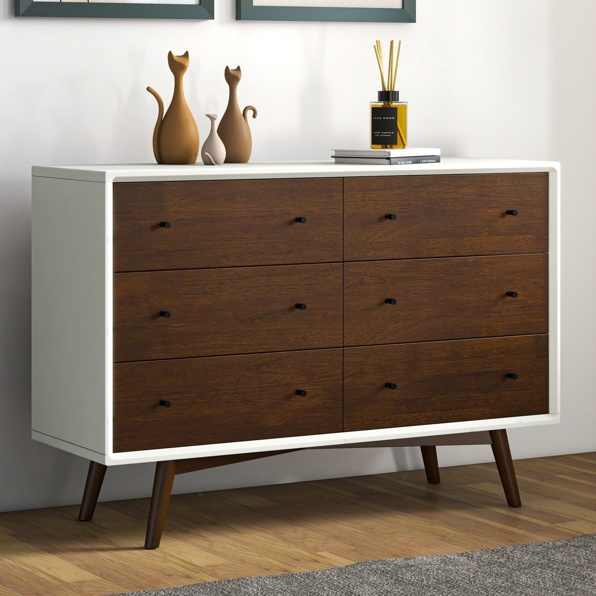 Mid-Century Modern White Dresser 6 Drawer - Dark Brown / White by Ashcroft Furniture | Bel Furniture