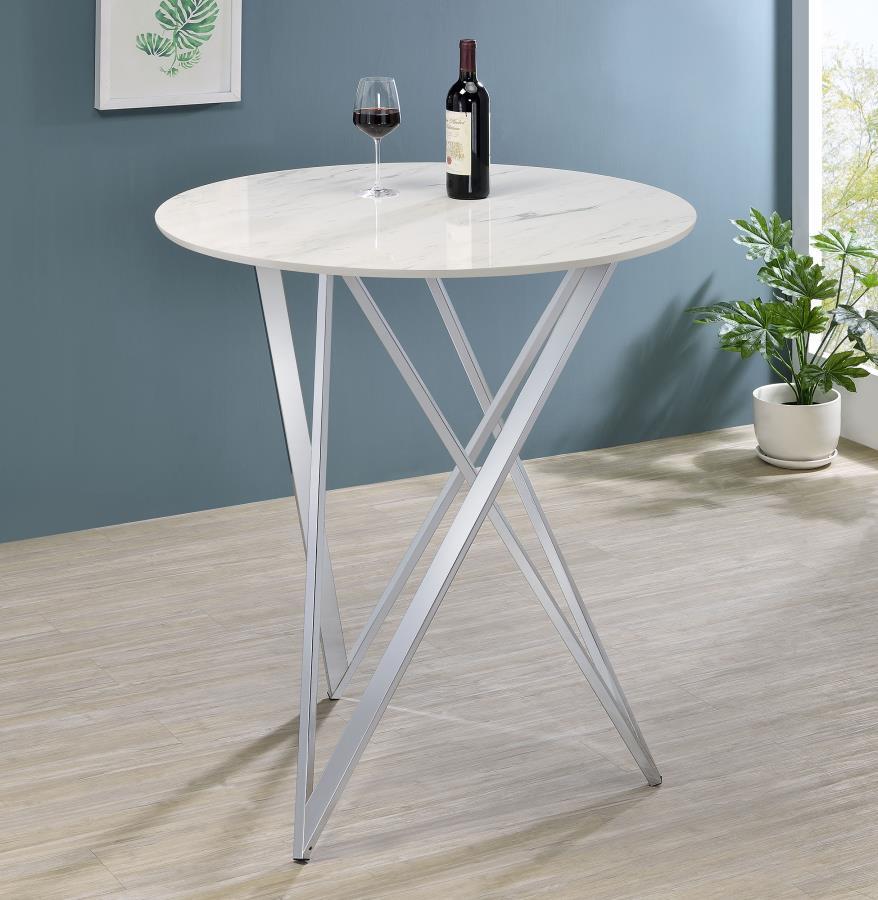 Bexter - Round Faux Marble Bistro Bar Table - Chrome by CoasterEveryday | Bel Furniture