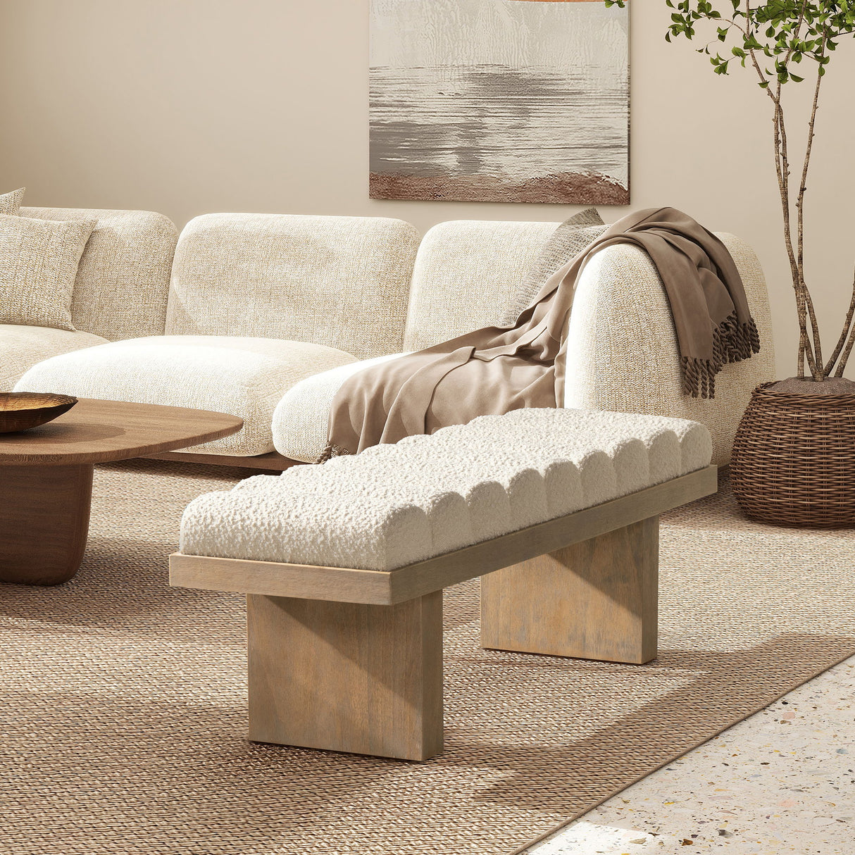 Bella - Upholstered Modern Accent Bench - Ivory White by Jennifer Taylor Home | Bel Furniture