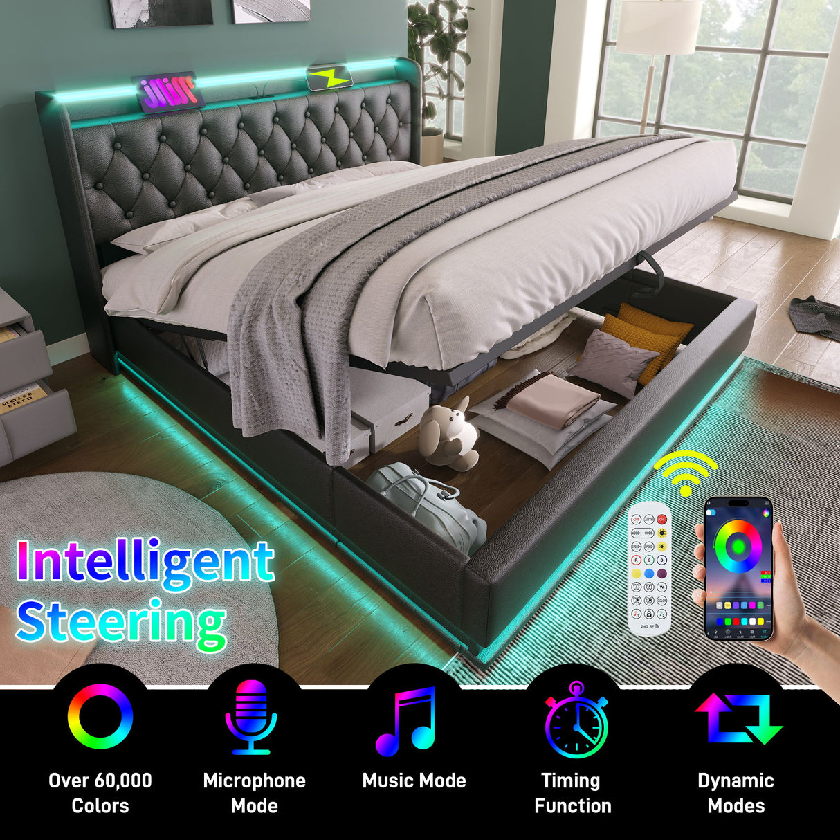 Upholstered Bed, 360 Surround LED Function, Remote Control, Hydraulic Storage Bed With USB, Type-C Charging (Without Mattress)