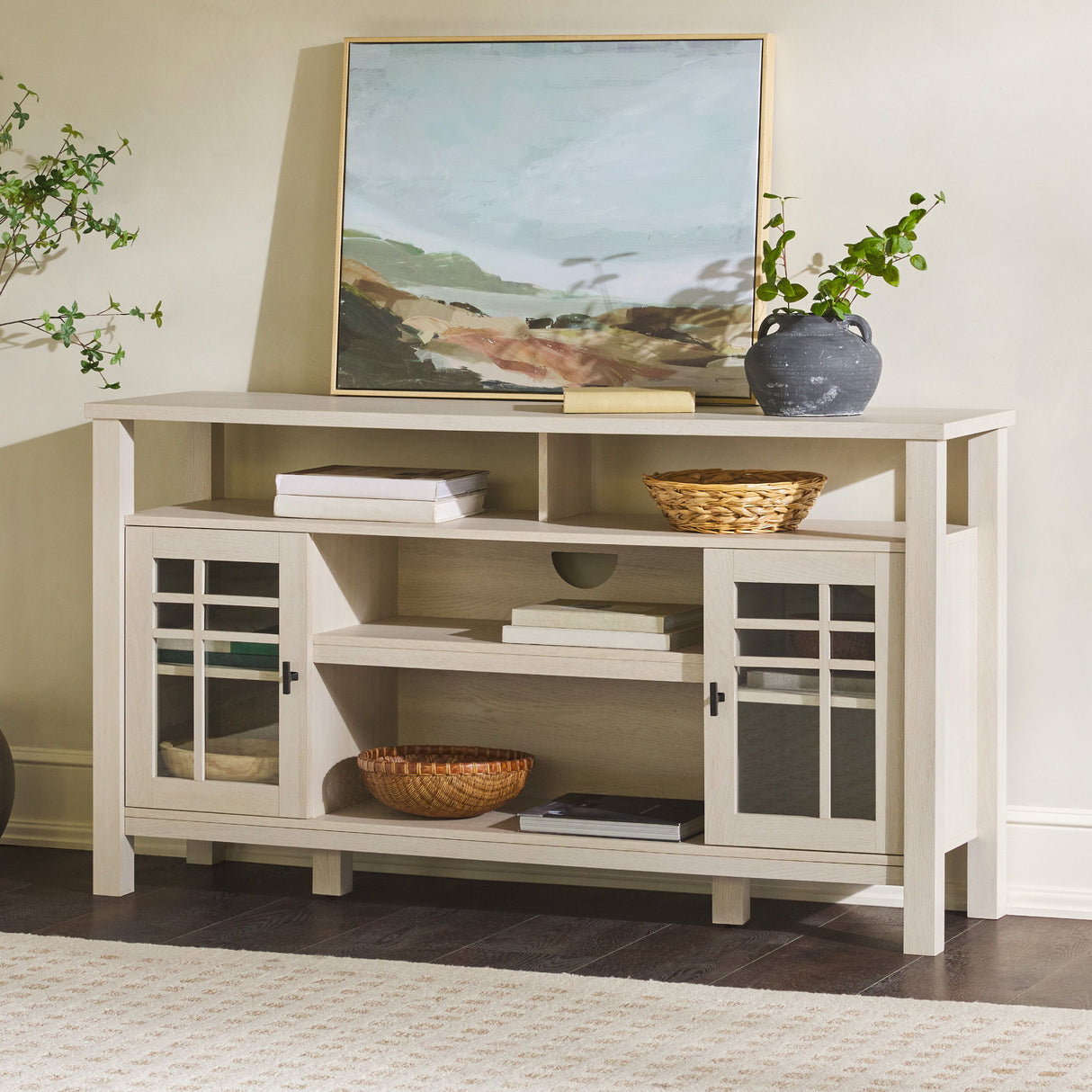 Transitional 2 Door Sideboard With Windowpane Design - Ivory Oak by Walker Edison | Bel Furniture